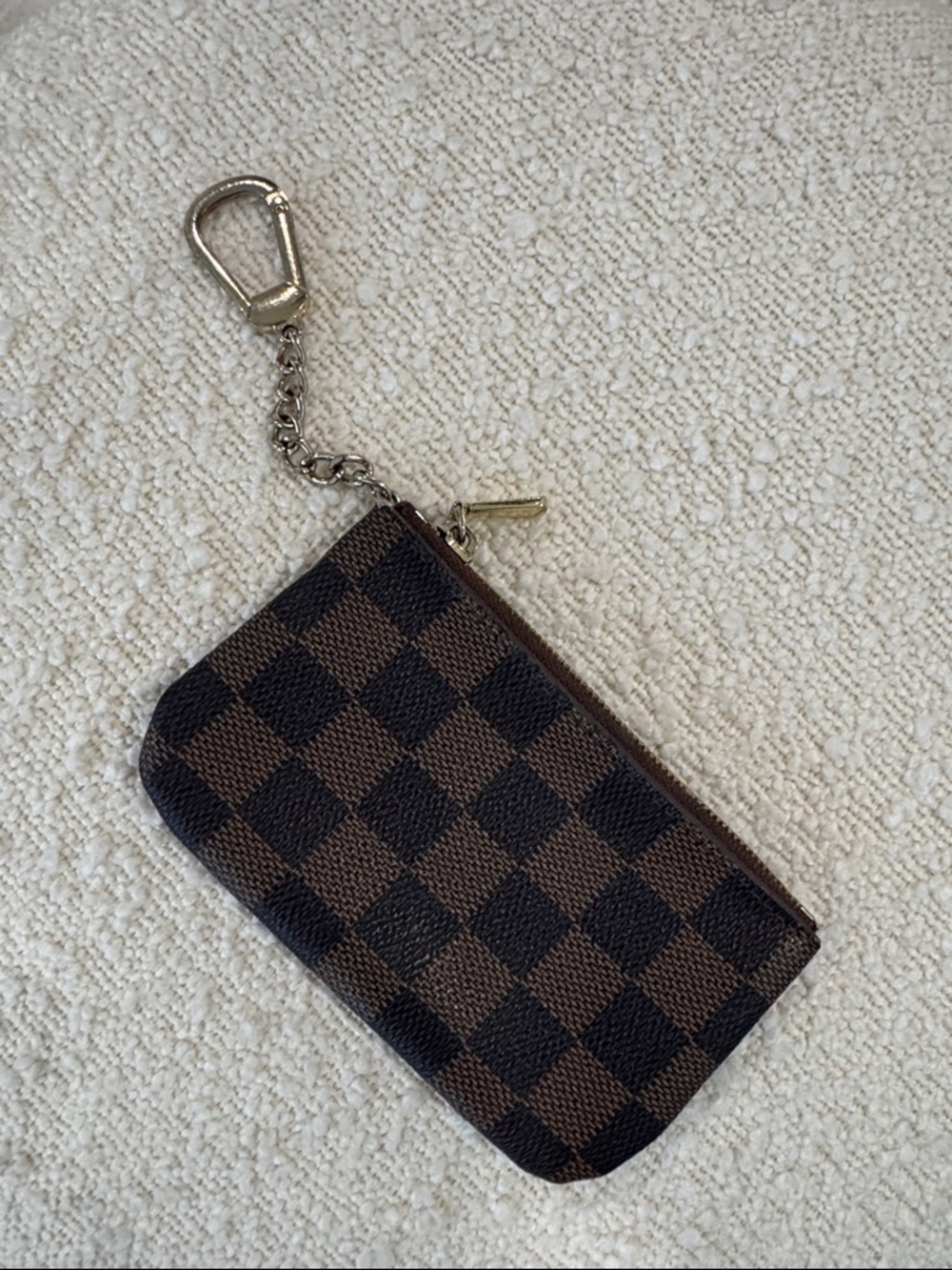 Brown Checkered Key Coin Pouch with Chain